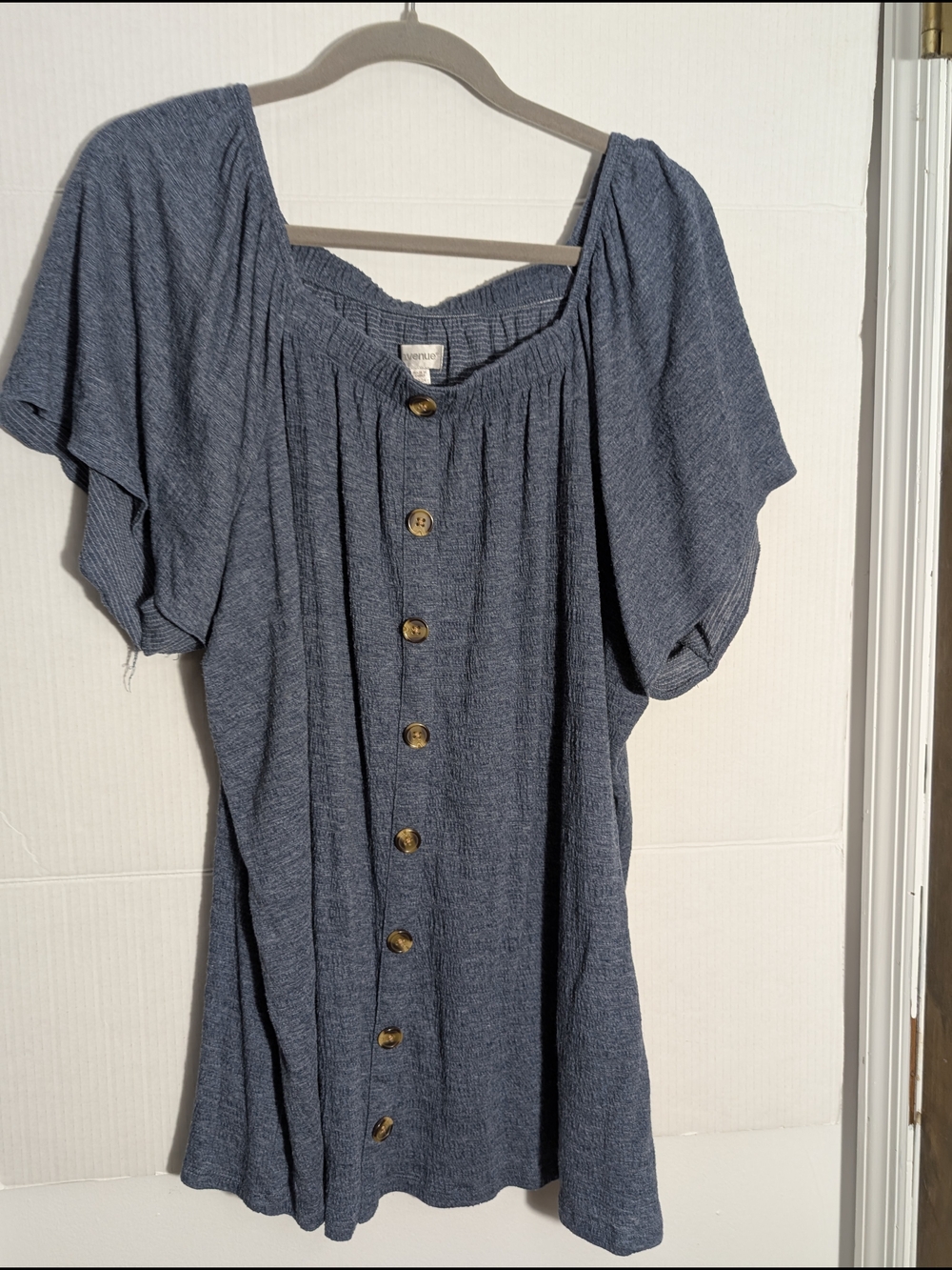 Avenue Denim-Blue Button-Front Peasant Top - Size 22/24 (Plus Size)